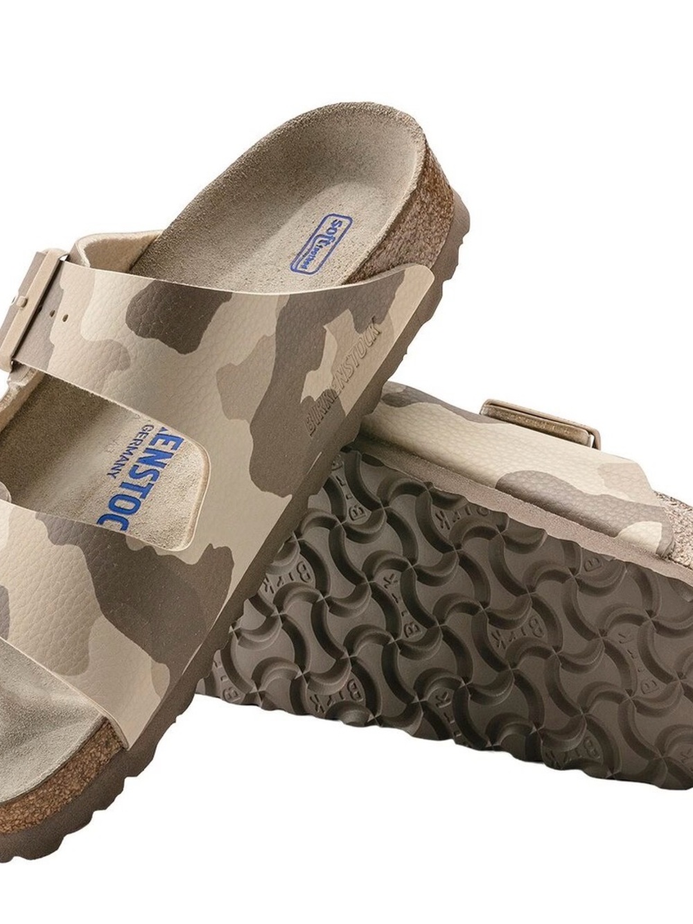 Birkenstock Arizona Two-Strap Camo Slides in Beige and Taupe
